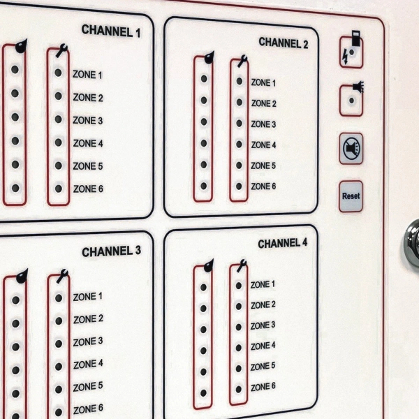 Panel alarmowy sygnalizujący wyciek wody, 4 kanały po 6 stref, każda strefa maks. 30 m, przekaźniki x 12, podtrzymanie zasilania - EcoLeak Eco-24